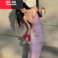 YIBUSHENG人间水蜜桃双层网纱吊带连衣裙2024季新款辣妹修身显瘦包臀长裙