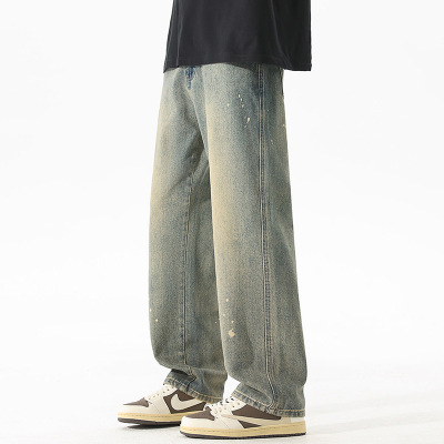 复古蓝做旧泼墨牛仔裤男宽松阔腿直筒裤高街潮牌水洗牛仔长裤男生