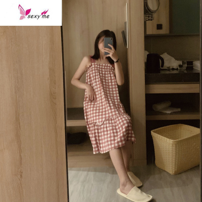 睡裙女夏季棉可爱薄款连衣裙子复古格子性感吊带学生睡衣家居服FISHBASKET