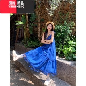 YIBUSHENG设计感蝴蝶结吊带连衣裙女季2024新款度假风气质流苏大摆长裙子