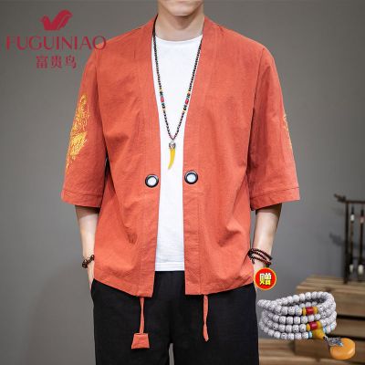 富贵鸟2021新款夏季中国风复古风亚麻汉服开衫男七分袖薄款日系和服道袍外套潮流