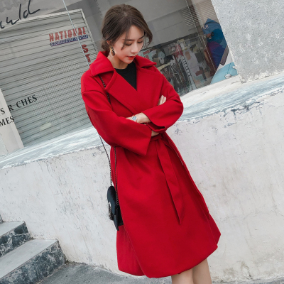 FISHBASKET毛呢外套女2020新款红色chic女装中长款新娘结婚系带妮子大衣毛呢外套