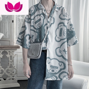 七斓夏季套装男韩版学生宽松短袖衬衫潮牌帅气一套搭配男装休闲三件套