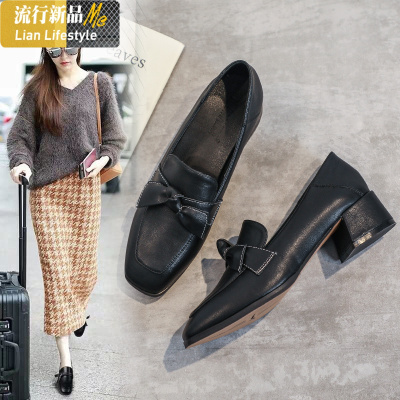 暖青汇皮小皮鞋女春季英伦风夏季职业舒适中跟小黑色软底正装工作单鞋