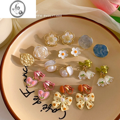 JiMi高级感彩色花朵耳夹女无耳洞春季小清新气质耳环简约网红森系耳饰