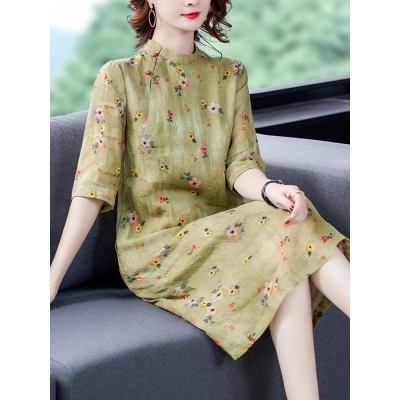 暖青汇春季新款苎麻印花连衣裙高贵洋气复古立领改良旗袍中长款大码裙子大码女装