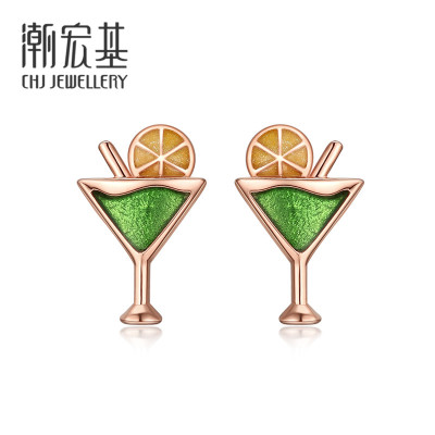 潮宏基fun趣-幸福下午茶鸡尾酒红18K金耳钉玫瑰金彩金耳饰送女友礼物FQ约0.5g/一对
