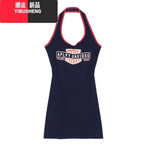 YIBUSHENG美式辣妹字母印花方领挂脖连衣裙女季收腰修身裙子露背包臀短裙