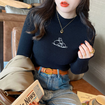 [1折价36.9元,叠加优惠券]秋冬季打底衫女款半高领前胸刺绣图案针织衫气质百搭潮