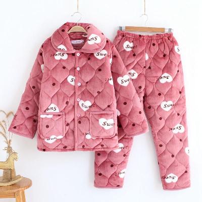 冬季女士三层夹棉法兰绒睡衣大人款常规款女士夹棉睡衣家居服套装威珺