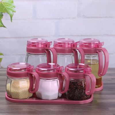 六件套玻璃调料盒厨房调味瓶罐调料罐油瓶家用盐罐装作料盒子套装 敬平 3油壶+3调味+2底座(玫红)调味罐