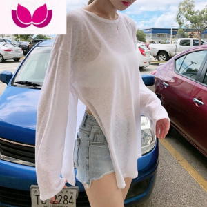 七斓夏季ins小众设计感圆领镂空上衣宽松薄款长袖T恤女罩衫外搭 乳白色 均码