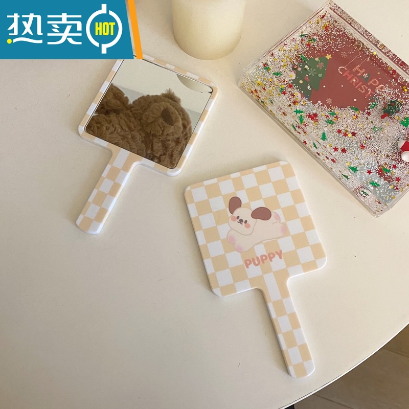 敬平原创款/黄色蓝色格子棋盘格子小狗手持化妆镜子便携随身迷你镜子 黄色一个便携式用镜