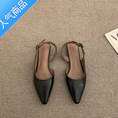 SUNTEK小众平底黑色包头凉鞋女鞋子2023年新款夏季尖头复古法式通勤单鞋