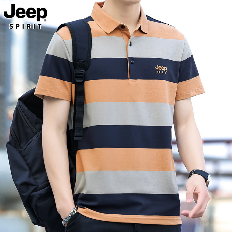 JEEP SPIRIT新款短袖T恤男新款条纹休闲宽松翻领POLO衫