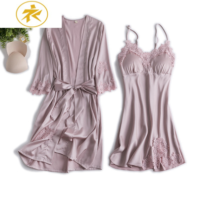 Ideamini向娜睡衣女秋冬薄款冰丝绸吊带睡裙睡袍两件套带胸垫新娘晨袍红色