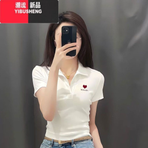 YIBUSHENG印花polo领短袖t恤女2024新款女装时尚韩版显瘦修身时尚上衣女潮