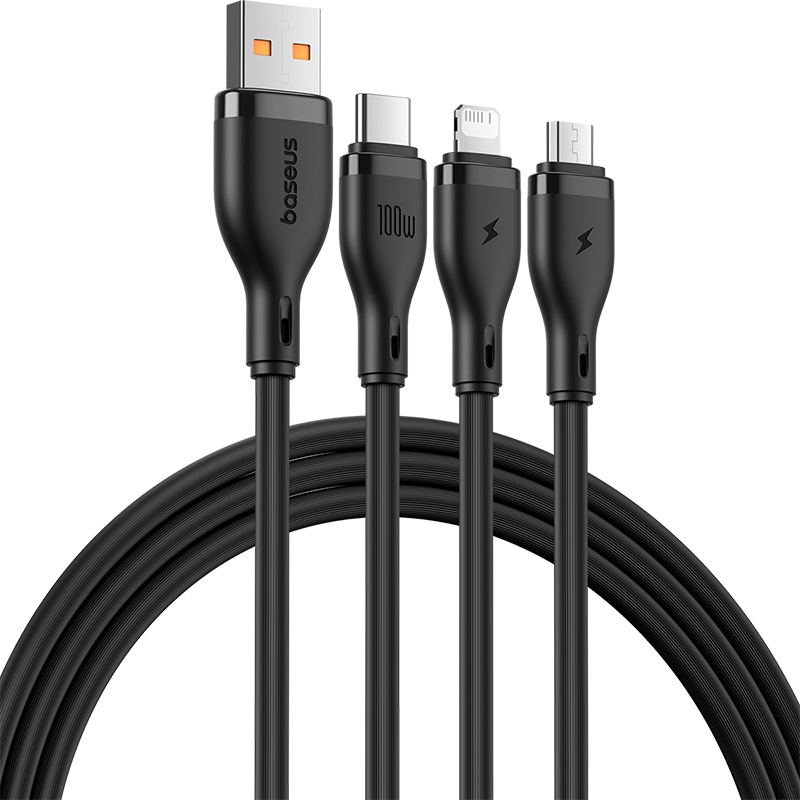 倍思 Q弹系列一拖三快充数据线USB to M+L+C 100W 星耀黑