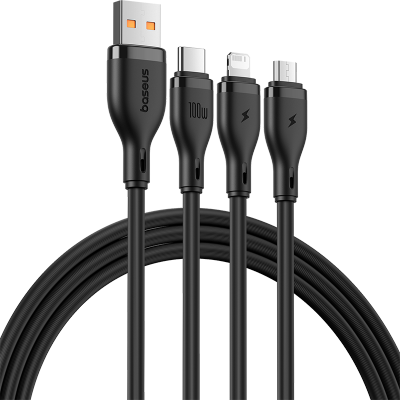 倍思 Q弹系列一拖三快充数据线USB to M+L+C 100W 星耀黑