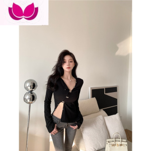 七斓辣妹上衣设计感镂空性感甜辣修身春装2023年新款女装V领长袖t恤 黑色 均码