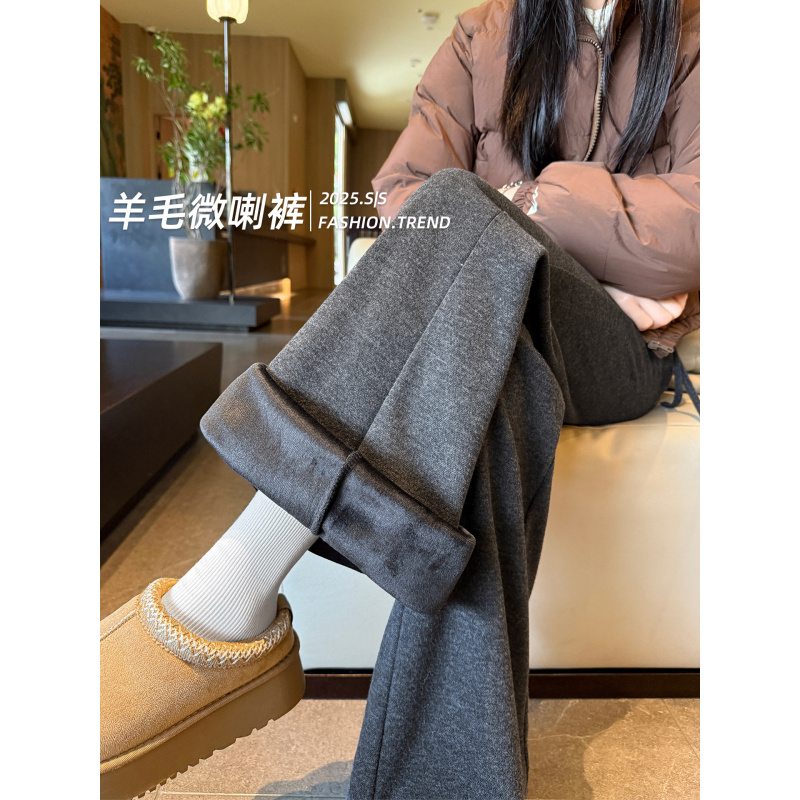 灰色加绒微喇叭裤子女秋冬高腰修身显瘦加厚小个子羊毛休闲马蹄裤_111