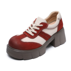 厚底复古拼色休闲单鞋女款头层牛皮圆头系带低帮高跟单鞋