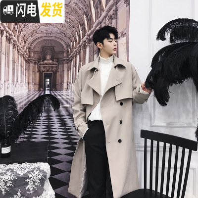 HLCOMAN风衣男中长款韩版潮流洋帅气过膝垂感英伦风春秋季大衣暗黑系外套风衣
