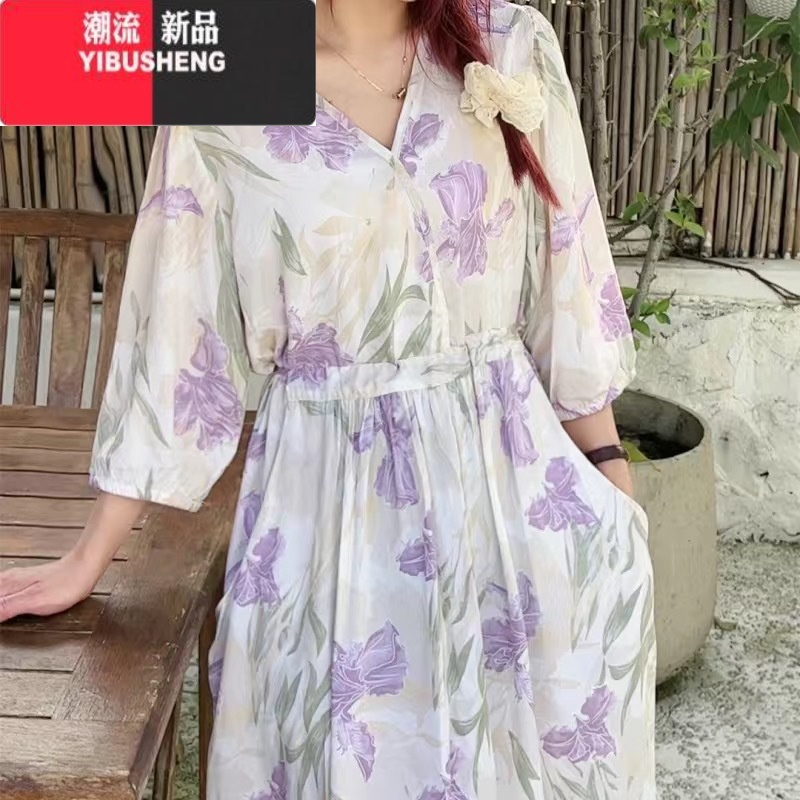 YIBUSHENG棉绸连衣裙女日收腰薄款甜美碎花V领大摆人造棉度假沙滩长裙子