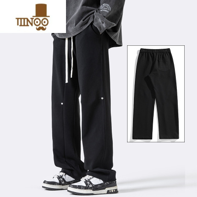 YANXU美式高街秋季休闲裤子男潮牌2023新款黑色宽松直筒卫裤男生款
