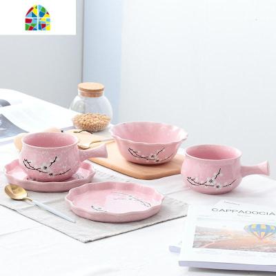 日式陶瓷早餐具套装家用雪花盘子可爱碗碟饭碗带手柄泡面碗 FENGHOU 雪花(粉色)五件套 5件
