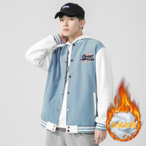 棒球服加绒外套男印花立领青少年男士上衣服宽松情侣夹克男装冬季