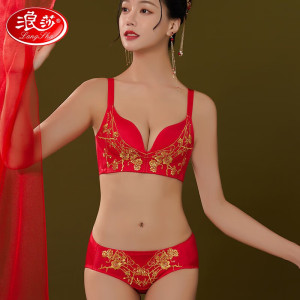 浪莎本命年文胸大红小胸聚拢上托结婚新娘内衣收副乳红内裤套装 金凤套装+ 34/75AB