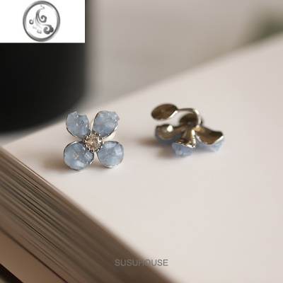 JiMi蓝色水晶花朵蚊香盘耳夹无耳洞女高级感耳钉古风耳饰气质清新夏季