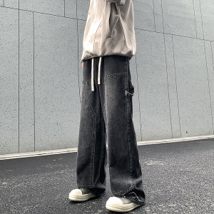 高街vibe抽绳工装裤男款做旧渐变宽松阔腿大口袋牛仔长裤潮男
