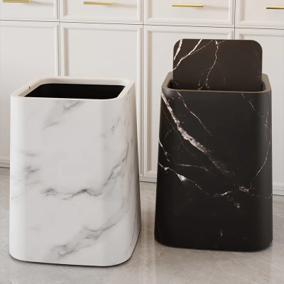金魅 垃圾桶家用高颜值客厅卧室厨房仿大理石翻盖大容量纸篓