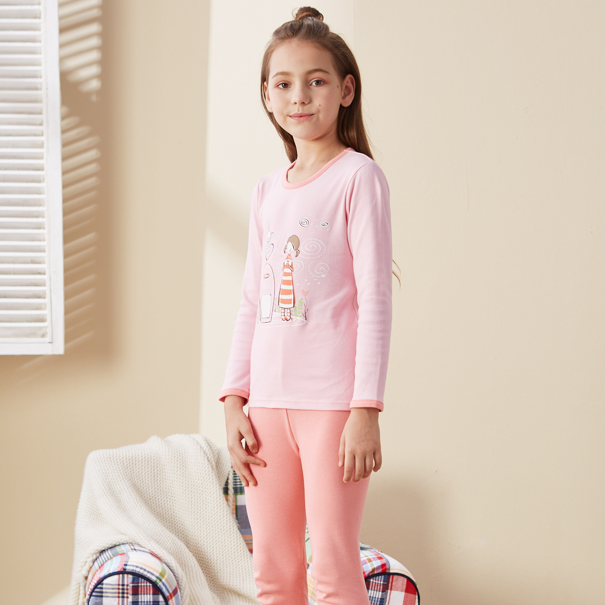 红豆儿童纯棉内衣套装女童低圆领套装秋衣秋裤套装