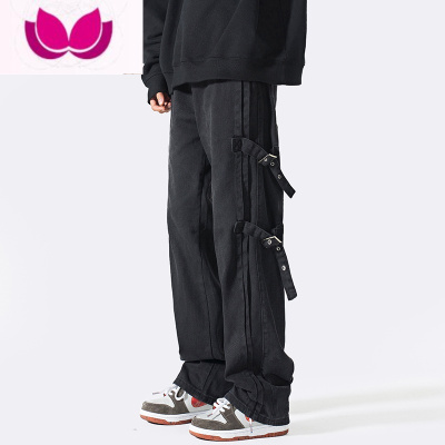 七斓机能绑带工装裤男宽松直筒休闲裤ins高街裤子男款