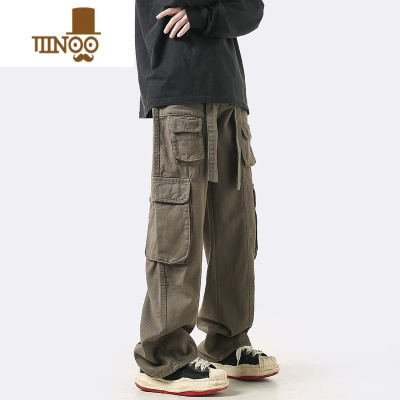 YANXU军绿色工装裤男多口袋美式复古直筒休闲长裤ins潮牌高街裤子