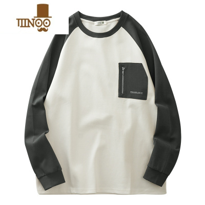 YANXU340G美式撞色插肩长袖T恤男士口袋式新款拼接卫衣情侣装