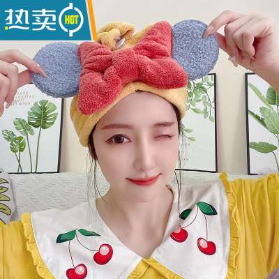 敬平干发帽女吸水速干加厚2021新款网红可爱洗头蝴蝶结包头发毛巾 蓝耳朵姜黄色120g