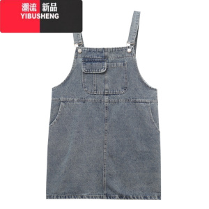 YIBUSHENG韩版复古牛仔背带连衣裙女季2024新款小个子减龄宽松A字短裙ins 蓝色- 均码