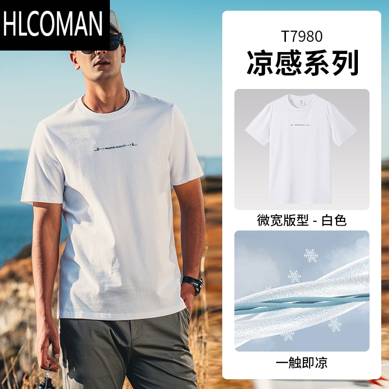 HLCOMAN 爽滑丝光棉短袖男刺绣T恤简约半袖圆领夏季冰丝打底衫体恤