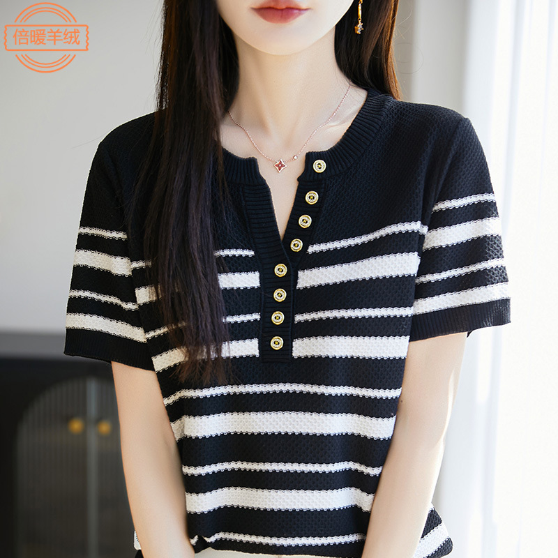 新款夏凉感冰丝针织短袖女复古条纹纽扣上衣半开领半袖T恤