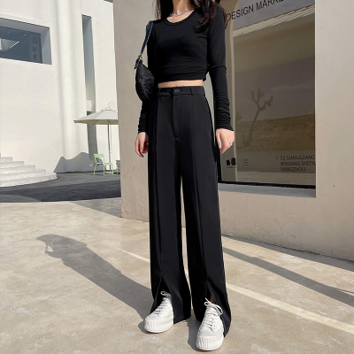 语娄美式炸街开叉西装裤女春大码宽松直筒高腰垂感黑色阔腿裤显瘦百搭2021西裤