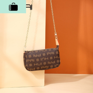 链条小方包女2020新款潮中古法棍迷你腋下手提单肩斜挎印花麻将包NEW LAKE 咖啡色配杏色(送同款手拿包)女斜挎包 咖啡色配杏色（送同款手拿包）