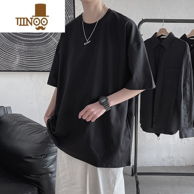 YANXU短袖t恤男夏季新款ins潮流港风宽松休闲纯色百搭打底衫帅气体恤衫