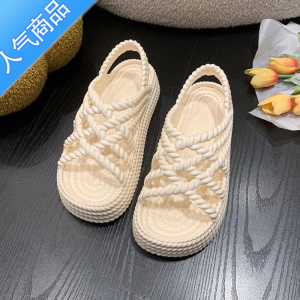 SUNTEK个性凉鞋仿编制厚底镂空透气沙滩鞋女松糕底休闲白色舒适护士鞋夏