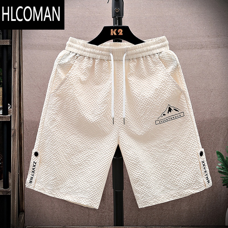 HLCOMAN冰丝速干沙滩裤男士夏季薄款外穿五分休闲短裤潮牌泡泡纱运动裤子