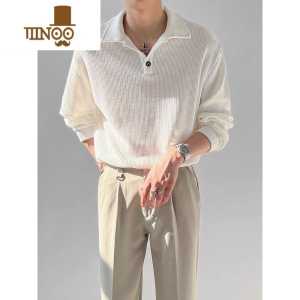 YANXU华夫格上衣男士长袖polo领韩版宽松T恤潮牌休闲打底体恤衫