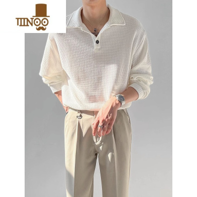 YANXU华夫格上衣男士长袖polo领韩版宽松T恤潮牌休闲打底体恤衫